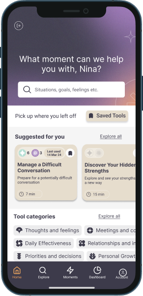 momentLeader mobile app homescreen showing suggested tools, where you left off, search bar and category buttons