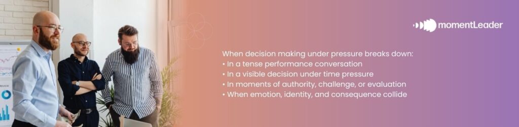 Graphic with text "When decision making under pressure breaks down: • In a tense performance conversation • In a visible decision under time pressure • In moments of authority, challenge, or evaluation • When emotion, identity, and consequence collide"