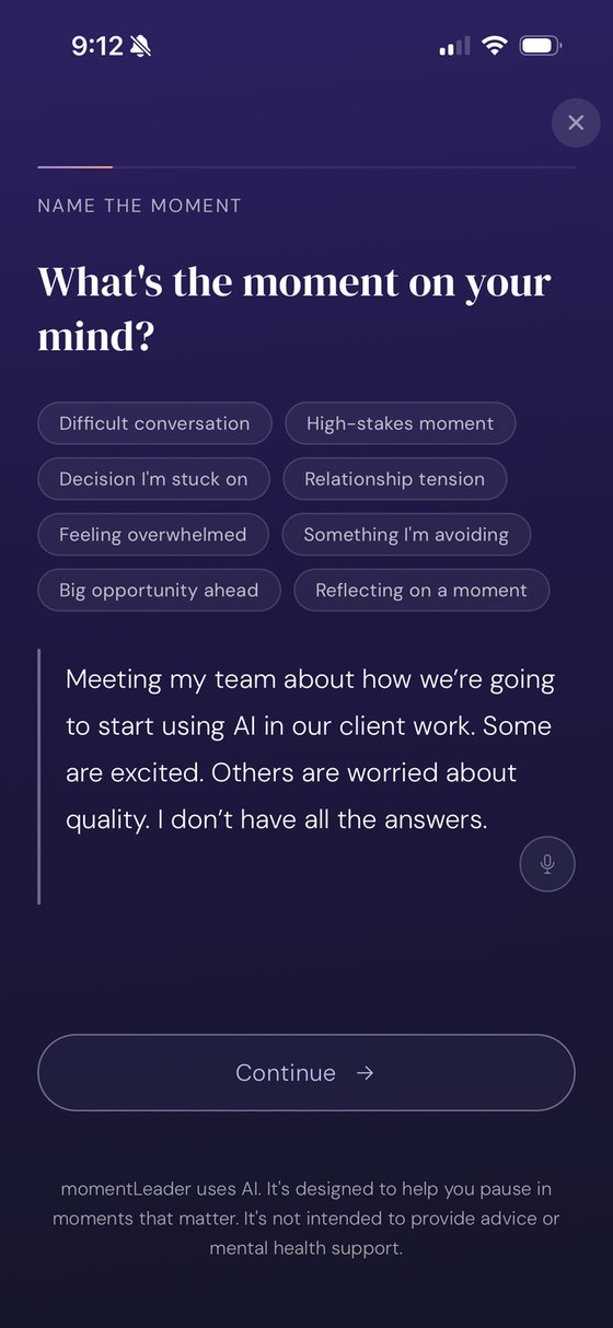 momentLeader screen with the AI client work conversation entered as the live moment