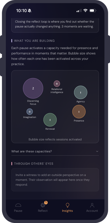 Personal insights in the momentLeader app, showing which capacities a leader has activated